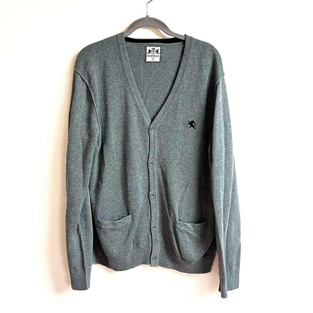 Express Men’s V Neck Cotton Cardigan Sweater Gray Knit Button Down Large